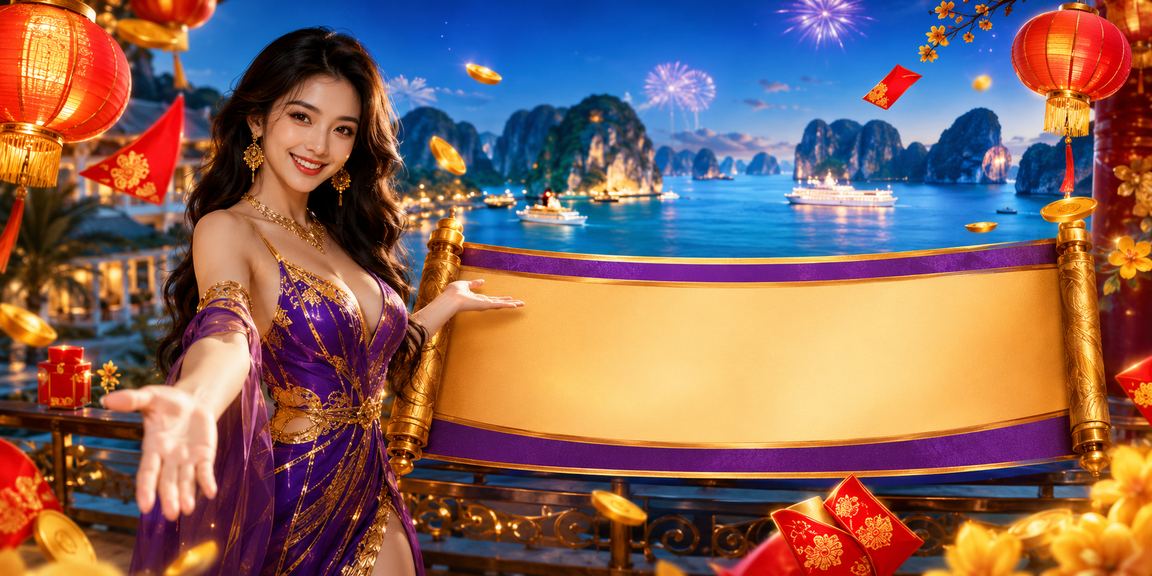 Phong cảnh vịnh Hạ Long với đèn lồng đỏ và phong bì may mắn trong không khí lễ hội