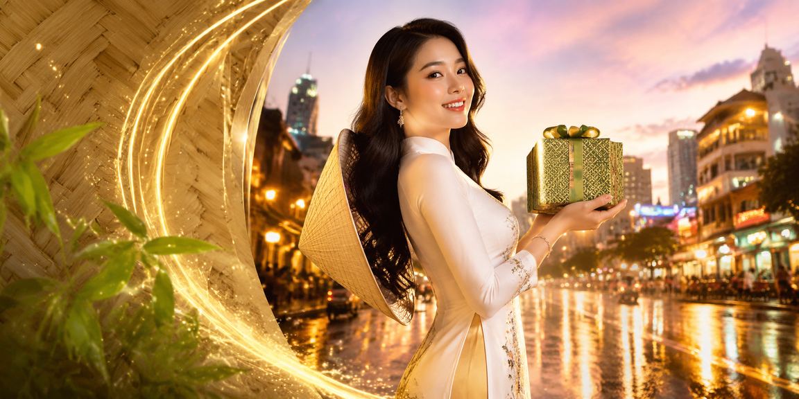 Người dùng TP. Hồ Chí Minh xem mẹo cá cược trên ứng dụng di động với nón lá truyền thống trong khung cảnh đô thị