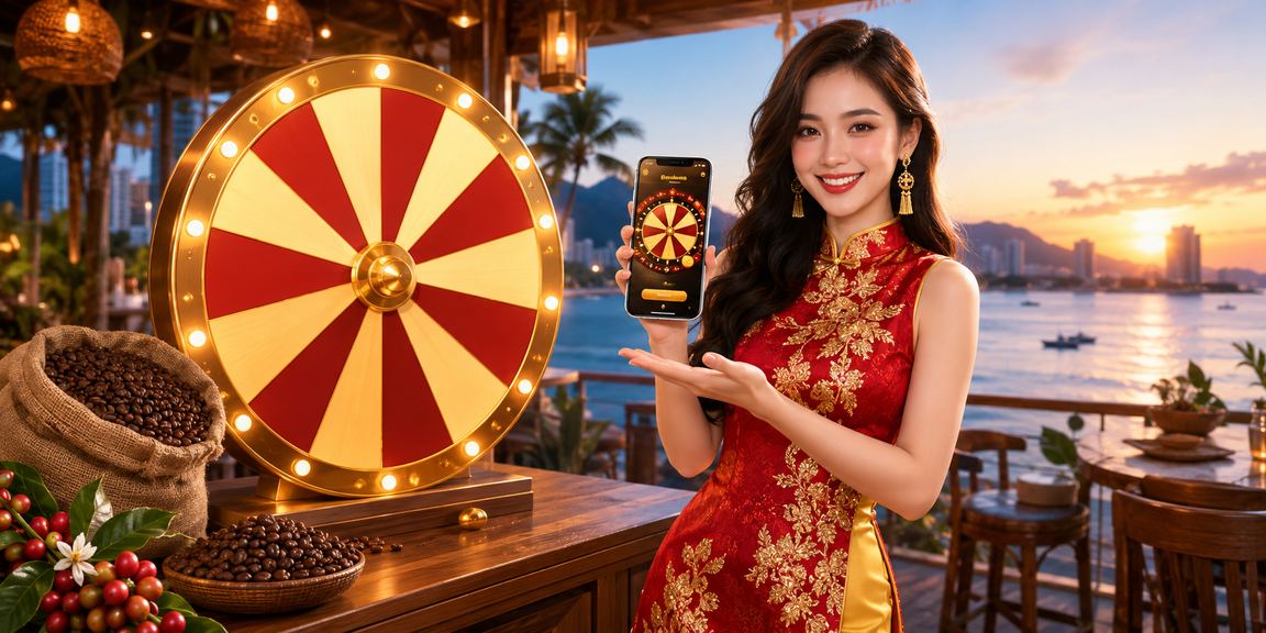 Màn hình rút thăm may mắn jackpot tại Nha Trang kết hợp không khí cà phê Việt Nam buổi tối